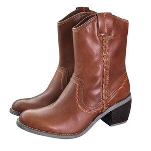 🆕 Hush Puppies Brown Leather Ankle Cowboy Boots With Braided Detail Size 6.5